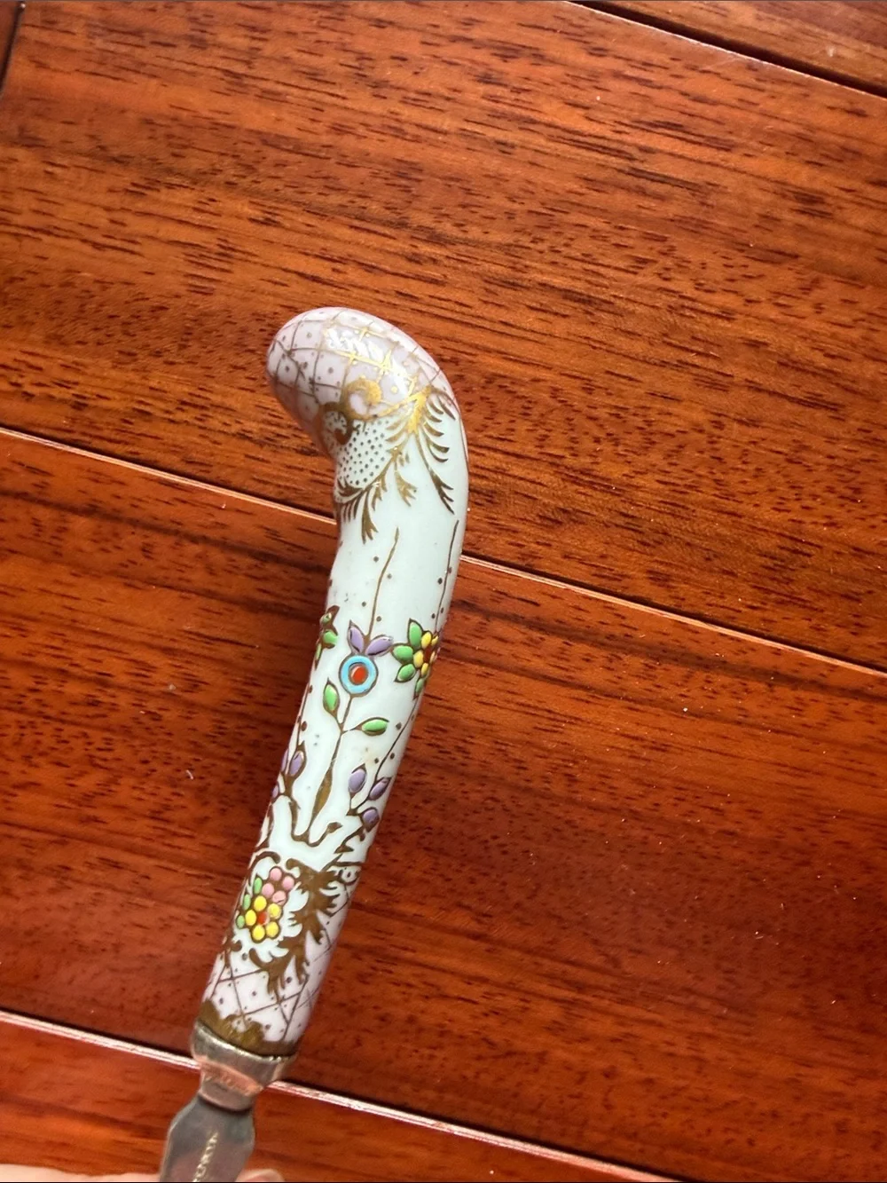 Sheffield England Embossed Berry Serving Spoon Hand Painted Porcelain Handle